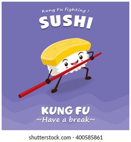 Vintage Kung Fu Sushi Poster Design With Vector Sushi Character