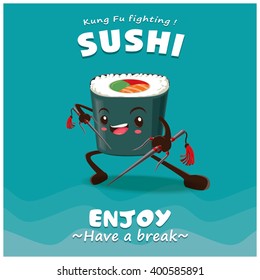 Vintage Kung Fu Sushi Poster Design With Vector Sushi Character