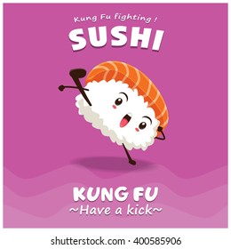 Vintage Kung Fu Sushi poster design with vector sushi character