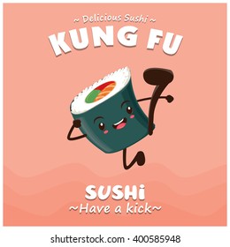 Vintage Kung Fu Sushi poster design with vector sushi character