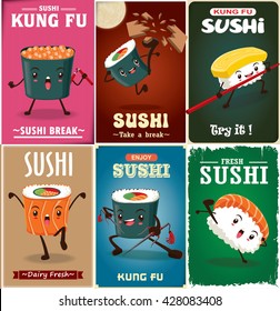 Vintage Kung Fu Sushi poster design with vector sushi character. Chinese word means sushi.