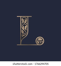 Vintage L letter logo with premium decoration. Classic line serif font. Vector icon perfect to use in any alcohol labels, glamour posters, luxury identity, etc.