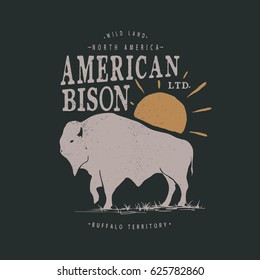 Vintage label with american bison.Prints design for t-shirts or other apparel