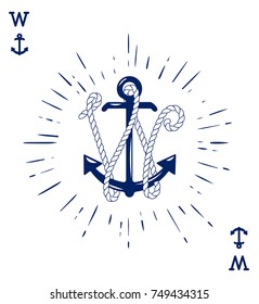 Vintage Label with an Anchor and Letter made of Ship Rope. Apparel t-shirt or Poster Design. Logotype Monogram with Playing Cards Style. Vector illustration.