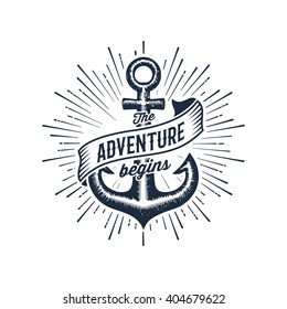 Vintage label with an anchor and slogan 'The adventure begins'. Apparel t-shirt design. Vector illustration.