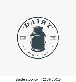 Vintage Label badge emblem dairy farm logo, dairy product logo, milk can logo vector illustration design on white background