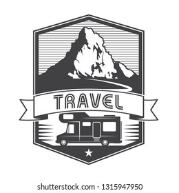 Vintage label, badge, logo or emblem with Mobile Home Truck and text Travel, vector illustration