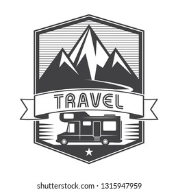 Vintage label, badge, logo or emblem with Mobile Home Truck and text Travel, vector illustration