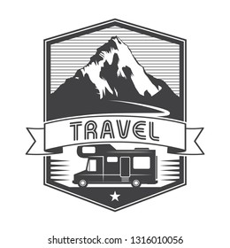 Vintage label, badge, logo or emblem with Mobile Home Truck and text Travel, vector illustration