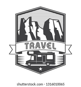 Vintage label, badge, logo or emblem with Mobile Home Truck and text Travel, vector illustration