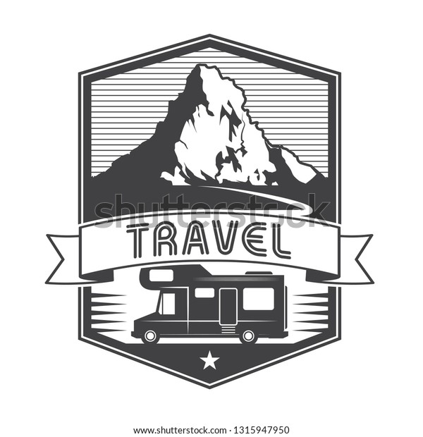 Vintage label, badge, logo or\
emblem with Mobile Home Truck and text Travel, vector\
illustration