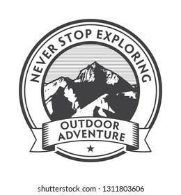 Vintage label, badge, stamp, logo or emblem with text Outdoor Adventure, Never Stop Exploring, vector illustration