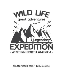Vintage label, badge, stamp, logo or emblem with text Wild Life Expedition, Great Adventures, vector illustration