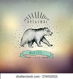 Vintage label bear. Design for T-Shirt. Handmade illustration vector  label sketch bear.