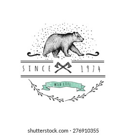 Vintage label bear. Design for T-Shirt. Ã�Â�anmade illustration vector  label sketch bear.