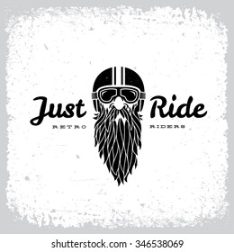 Vintage label with bearded man in a helmet on grunge background for t-shirt print, poster, emblem. Vector illustration.