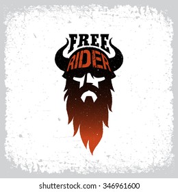 Vintage label with bearded man in a helmet with horns on grunge background for t-shirt print, poster, emblem. Vector illustration.