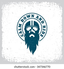 Vintage label with bearded man in a helmet and goggles on grunge background for t-shirt print, poster, emblem. Vector illustration.