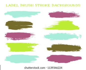Vintage label brush stroke backgrounds, paint or ink smudges vector for tags and stamps design. Painted label backgrounds patch. Interior paint color palette swatches. Ink purple green blue splashes.