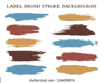 Vintage label brush stroke backgrounds, paint or ink smudges vector for tags and stamps design. Painted label backgrounds patch. Interior colors guide book elements. Ink dabs, blue brown splashes.