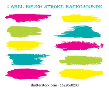 Vintage label brush stroke backgrounds, paint or ink smudges vector for tags and stamps design. Painted label backgrounds patch. Color combinations catalog elements. Ink dabs, yellow splashes.
