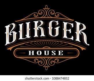 Vintage label of burger. Lettering design of catering on dark background. All objects are on the separate groups.