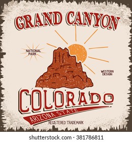 Vintage label with canyon and sun.Grunge effect.Typography design for t-shirts 