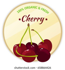 Vintage label with cherry isolated on white background in cartoon style. Vector illustration. Fruit and Vegetables Collection.