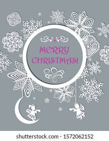 Vintage label for Christmas holidays with paper cut out snowflakes and hanging little angels