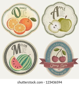 Vintage Label Collection with Fruit illustrations. Fruit label set in retro style. Orange, Apple, Cherries and Melon cartoon style illustrations.