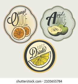 Vintage Label Collection mit Fruit Illustrationen. Obstmarkierung im Retro-Stil. Illustrationen im Stil von Orange, Apple und Lemon.