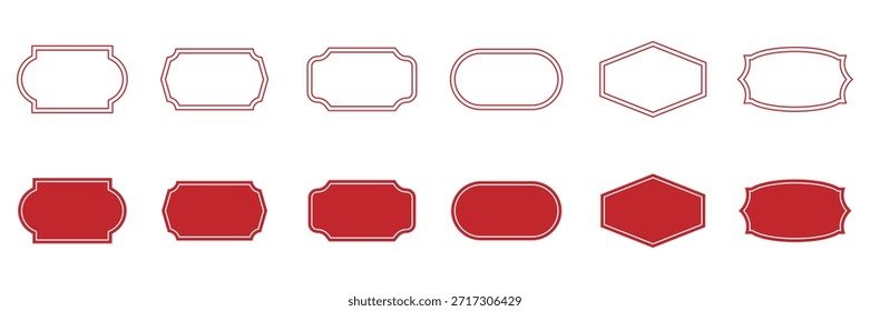 colección de etiquetas de Antiguas con marcos ornamentados, líneas rojas y siluetas. Formas decorativas de la insignia para el empaquetado del producto, la marca y el diseño del logotipo. La etiqueta y las insignias de Antiguas dan forma a las colecciones de color rojo.