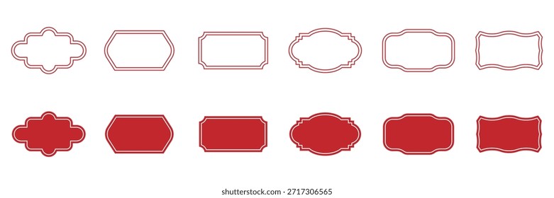 Coleção de etiquetas vintage com molduras ornamentadas linha vermelha e silhuetas. Formas de emblema decorativo para embalagem de produtos, marca e design de logotipo. Rótulo vintage e distintivos formam coleções de cores vermelhas.