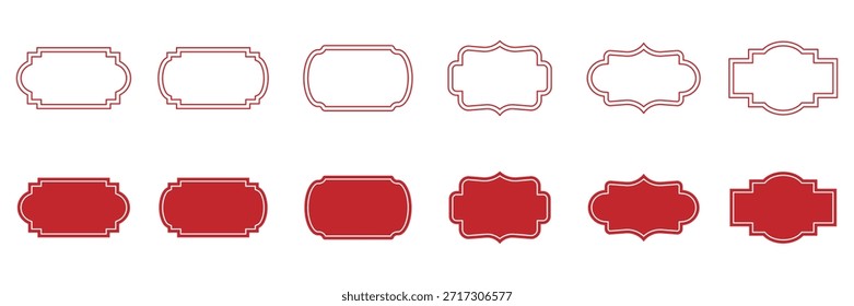 Vintage label collection with ornate frames red line and silhouettes. Decorative badge shapes for product packaging, branding and logo design. Vintage label and badges shape collections red colour.