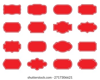 Vintage label collection with ornate frames red silhouettes. Decorative badge shapes for product packaging, branding and logo design. Set of vintage label and badges shape collections red colour.