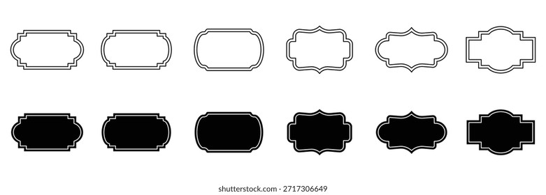 Vintage label collection with ornate frames black line and silhouettes. Decorative badge shapes for product packaging, branding. Vintage label and badges shape collections black colour.