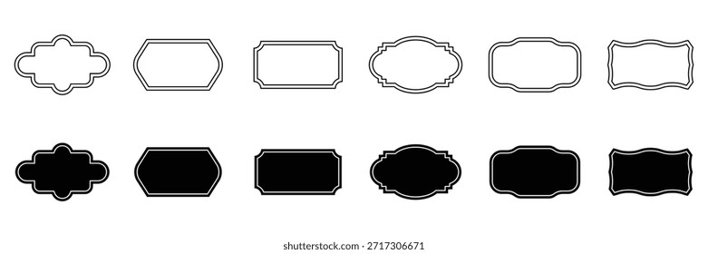 Vintage label collection with ornate frames black line and silhouettes. Decorative badge shapes for product packaging, branding. Vintage label and badges shape collections black colour.