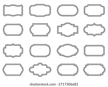 Coleção de etiquetas vintage com linhas pretas de molduras ornamentadas. Formas de emblema decorativo para embalagem de produtos, marca e design de logotipo. Conjunto de coleções de formatos de etiquetas e emblemas vintage em preto.