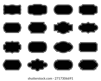 colección de etiqueta Antiguas con marcos adornados y siluetas negras. Formas decorativas de la insignia para el empaquetado del producto, la marca y el diseño del logotipo. Conjunto de colecciones vintage y insignias en forma de etiqueta de color negro.