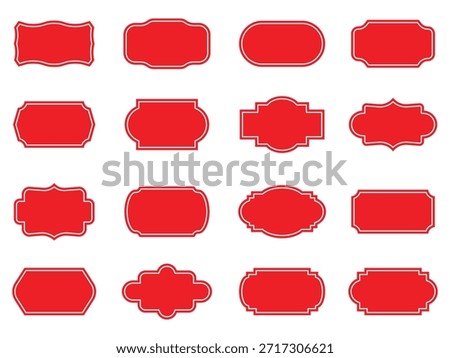 Vintage label collection with ornate frames red silhouettes. Decorative badge shapes for product packaging, branding and logo design. Set of vintage label and badges shape collections red colour.