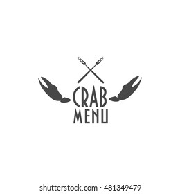 Vintage label with crab claws and two crab forks designed to use as seafood restaurant menu element, crab festival menu element, crab menu icon on your seafood site. 