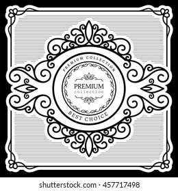 Vintage label design, black and white ornamental calligraphic vignette, vector swirly decorative frame, scroll embellishment in retro style