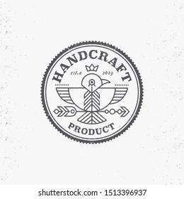 Vintage label design with boho flying bird in thin line style. Handcraft product - round ethnic emblem. Monochrome, black on white. Editable logo with damaged grunge able/disable texture