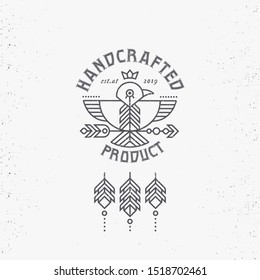 Vintage label design with boho flying bird in thin line style. Handcrafted product - round ethnic emblem. Monochrome, black on white. Editable logo with damaged grunge able/disable texture