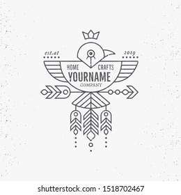 Vintage label design with boho flying bird with arrow. The unique creative ethnic emblem in thin line style. Monochrome, black on white. Editable thin line stylee logo with damaged grunge texture