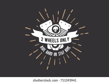 Vintage label design with engine for black t-shirt print, poster, emblem. Vector illustration.