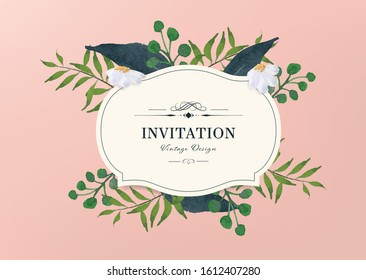 Vintage label design with hand drawn watercolor brush. Leaves and branch element background. Handdrawn natural label template.