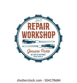 Vintage label design. Repair workshop emblem in retro colors style with garage tools - screwdrivers and vector typography elements. Good for tee shirt , prints, car logo, repair station , patches