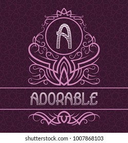 Vintage label design template for adorable product. Vector monogram with text on patterned background.