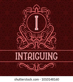 Vintage label design template for intriguing product. Vector monogram with text on patterned background.